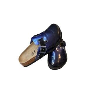 BETULA Birkenstock Sandal Womens Sz 6 Blue Black‎ Patent Leather Mules Clogs